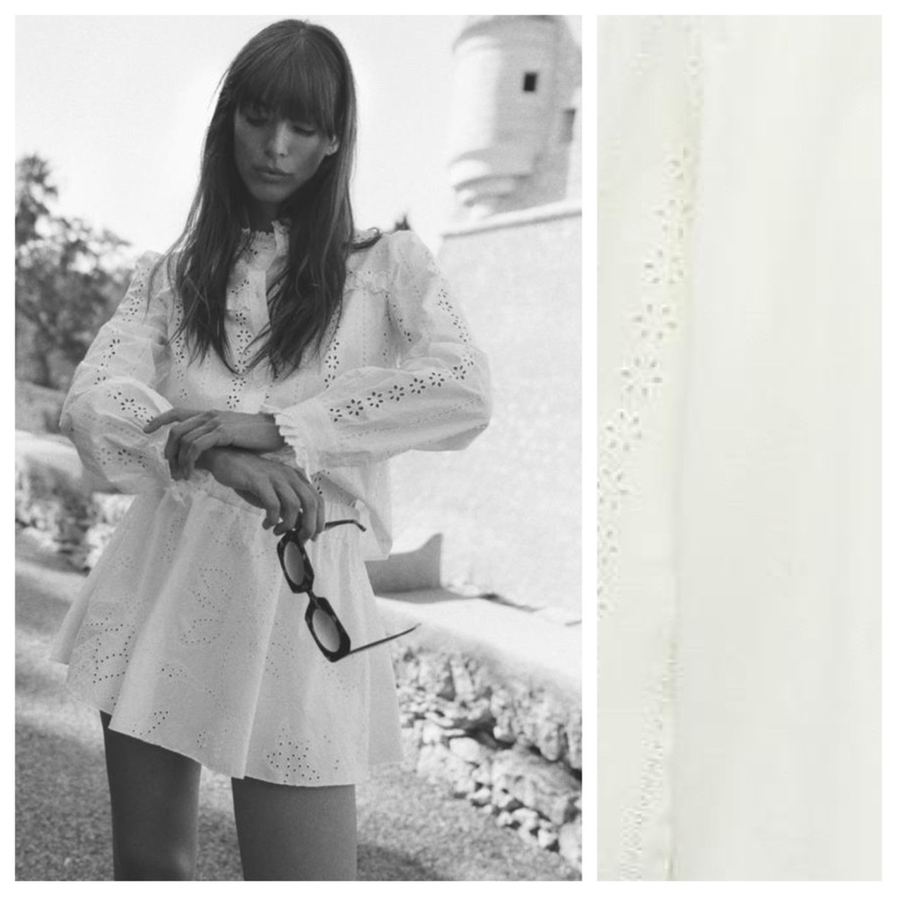 NWT. Zara White Cotton Openwork Embroidery Shirt. Size L.